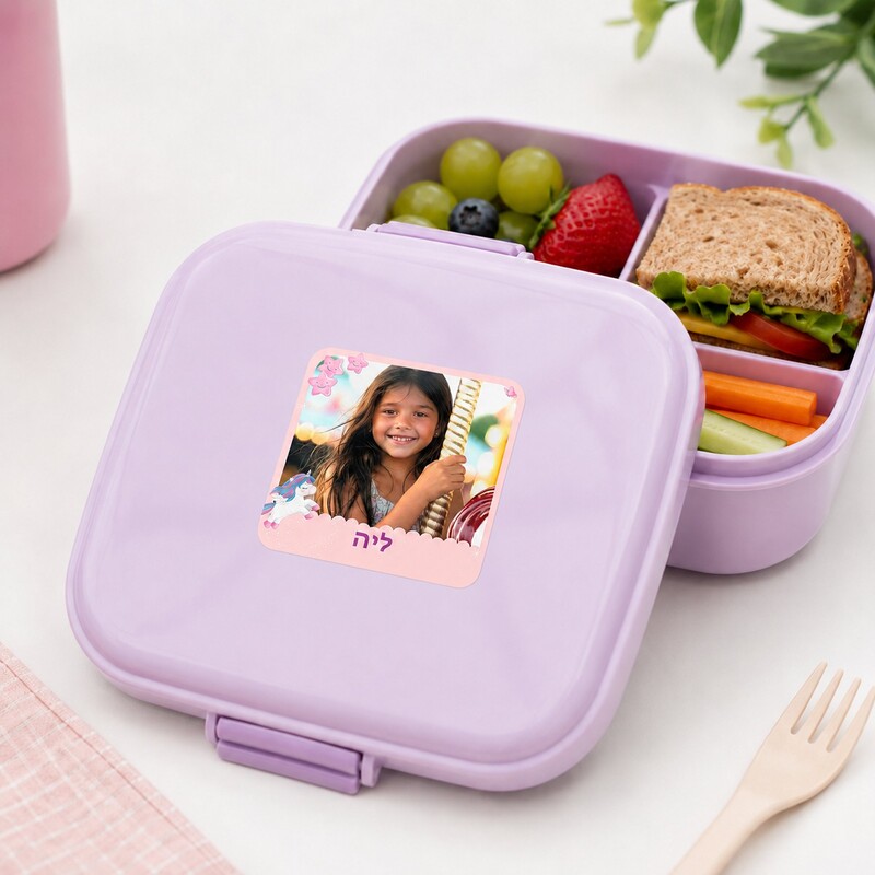 קופסת אוכל פתוחה עם מדבקת שם עם תמונה